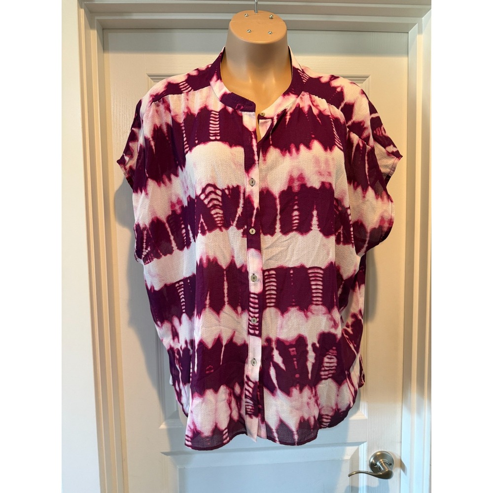 Lane Bryant Plus Size 22 Button Short Sleeve Tie Dye Burgundy Blouse